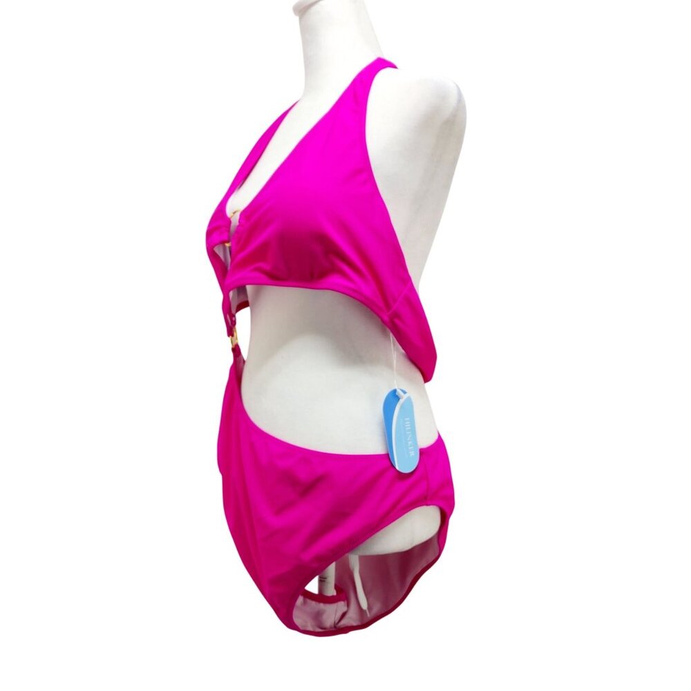 Hot Pink Cutout One-Piece Swimsuit Gold Ring  Halter Neck Tie Size XXL New - Picture 7 of 13